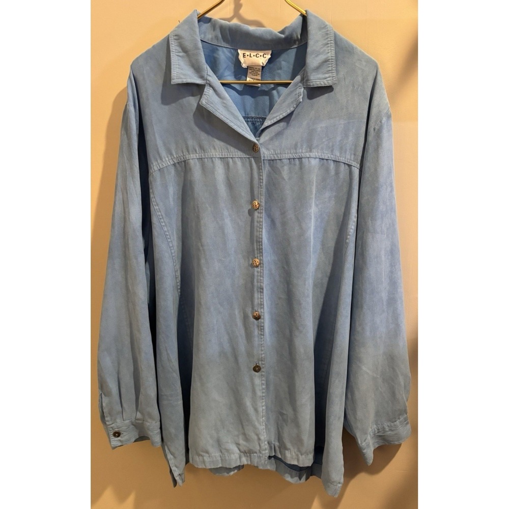 ELCC Women‎ Long Sleeve Button Up Blue Shirt Blouse Faux Suede Flowy Sz 3x